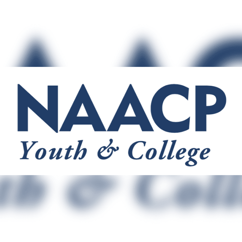 The blue "NAACP Youth & College" logo is centered in the foreground against a white background with blurred blue text above and below.