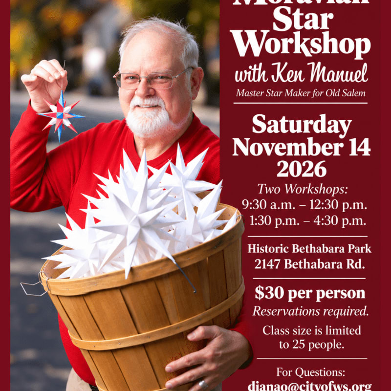 A man in a red shirt holds a star and a basket of white stars against a blurred outdoor background, positioned next to a promotional text panel for a workshop.