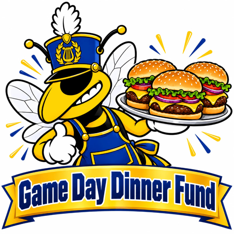 A cartoon bee wearing a blue marching band hat and apron holds a platter of three burgers above a "Game Day Dinner Fund" banner against a plain white background.