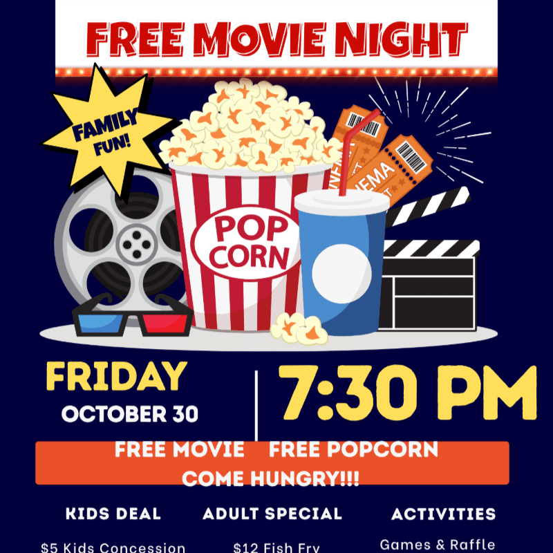 A movie night flyer features a popcorn bucket, soda, and film reel in the foreground against a dark blue background with event details.