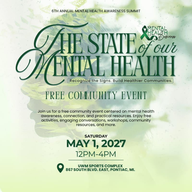 Green text and event details for a mental health summit are layered over a light background featuring a faint artistic profile of a face and soft green foliage.