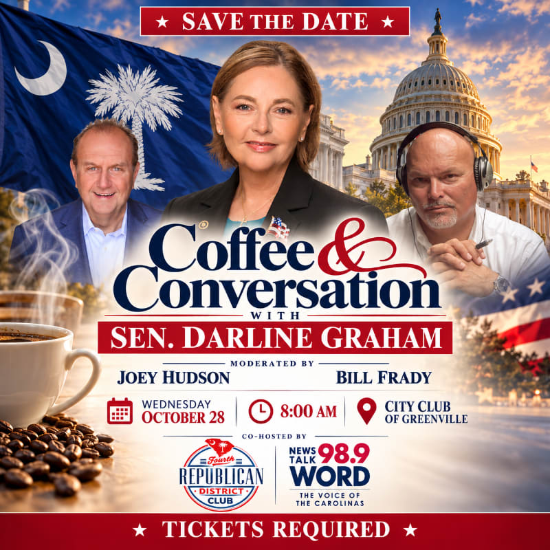 A white coffee cup and beans sit in the foreground of a promotional flyer featuring three people and the U.S. Capitol building in the background.