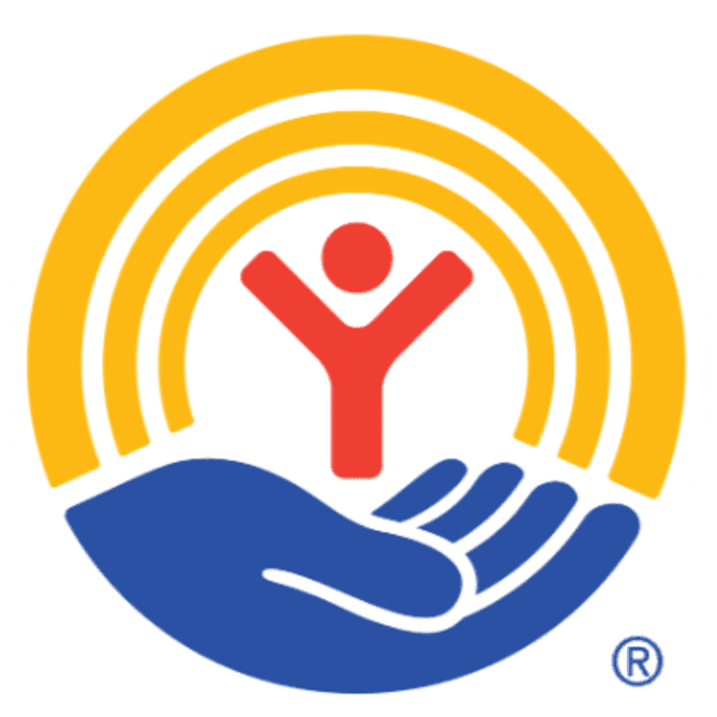 A red stylized human figure stands atop a blue open hand, set against a background of concentric yellow semicircles.