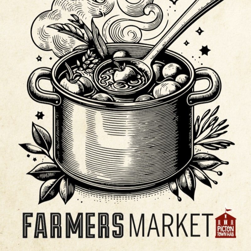 A detailed black and white illustration of a steaming pot of soup with a ladle in the foreground, set against a plain light background with "FARMERS MARKET" text below.