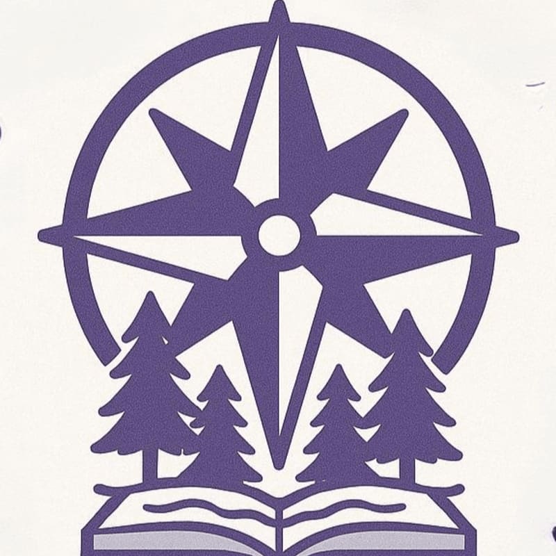 A purple compass rose and pine trees sit atop an open book against a plain white background.