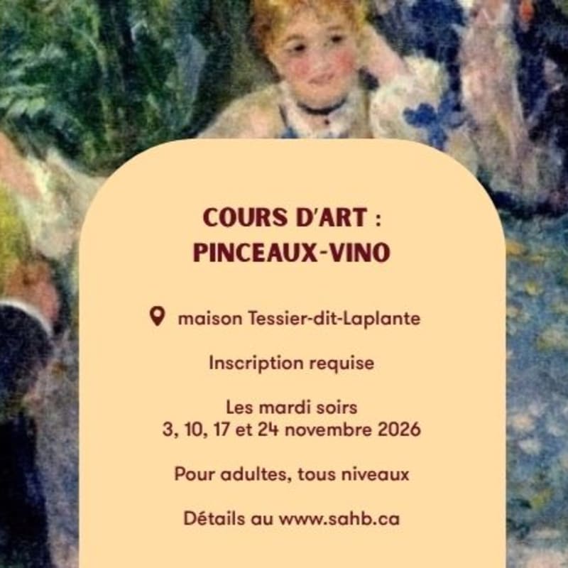 A tan information bubble containing text about an art course sits in the foreground over a blurred impressionist painting of people in the background.
