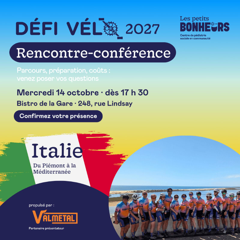 A promotional poster for a 2027 cycling challenge in Italy features event details in the foreground against a blue and yellow gradient background with a photo of a cycling team at the bottom.