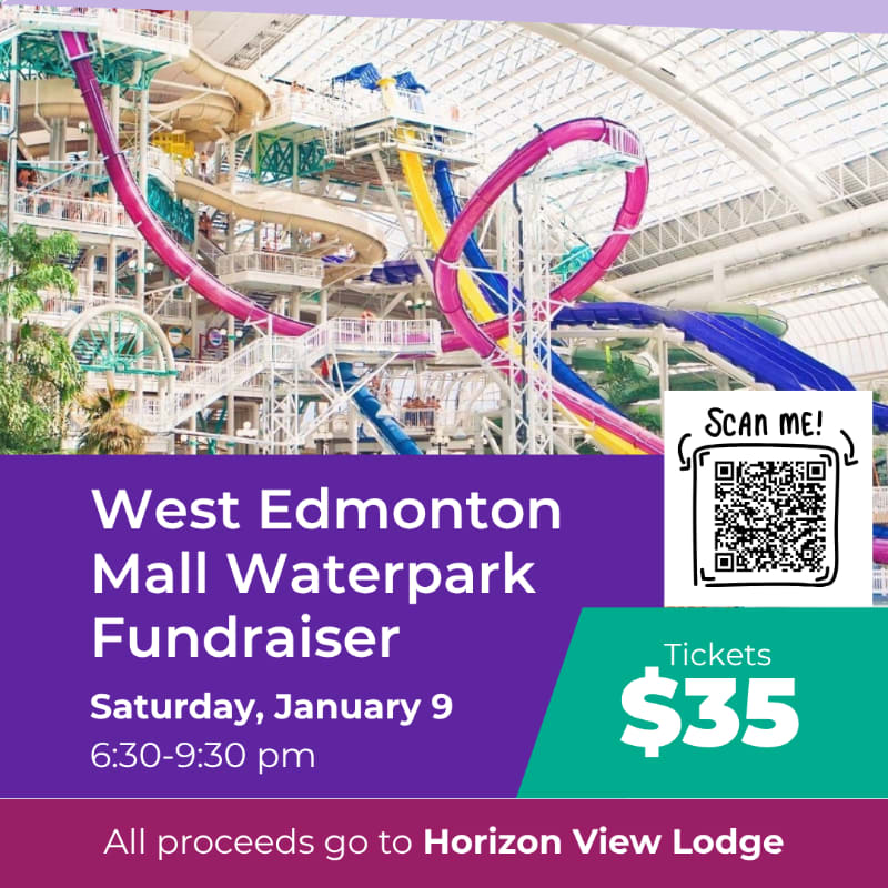 A purple and green promotional flyer for a fundraiser features a QR code and event details in the foreground against a background of colorful water slides in an indoor park.
