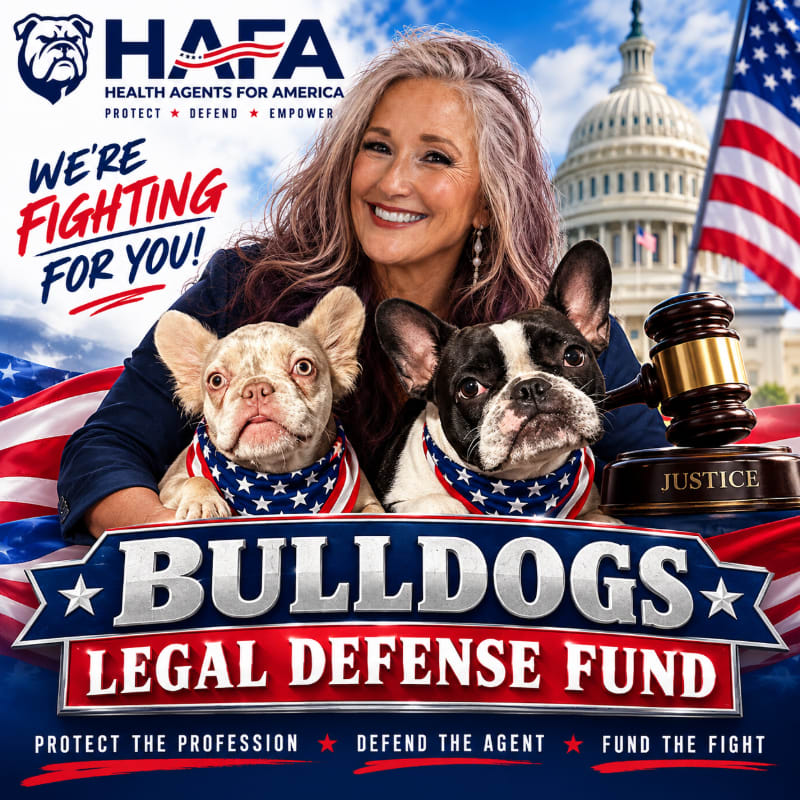 A smiling woman and two French bulldogs wearing patriotic bandanas stand in the foreground with a legal gavel, set against a background featuring the U.S. Capitol building and an American flag.