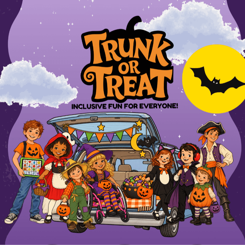 Children in various Halloween costumes gather around the open trunk of a car against a purple sky with a yellow moon and clouds.