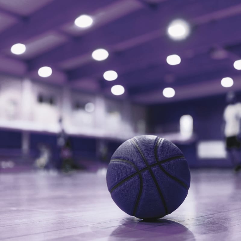 A purple basketball sits on a polished court in the foreground, with a blurred, purple-lit gymnasium and bright ceiling lights in the background.