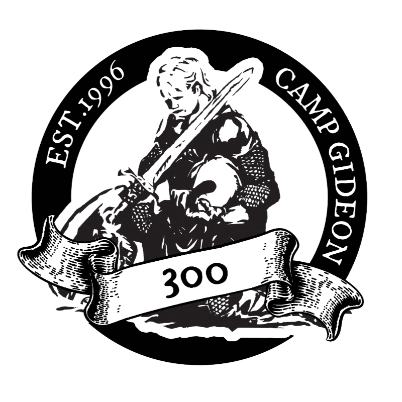 A black and white logo features a knight with a sword and helmet in the foreground, set against a circular black background with the text "EST. 1996 CAMP GIDEON" and a banner reading "300".