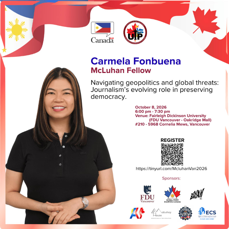 A woman in a black shirt stands in the foreground of an event flyer featuring text and logos against a background of the Philippine and Canadian flags.