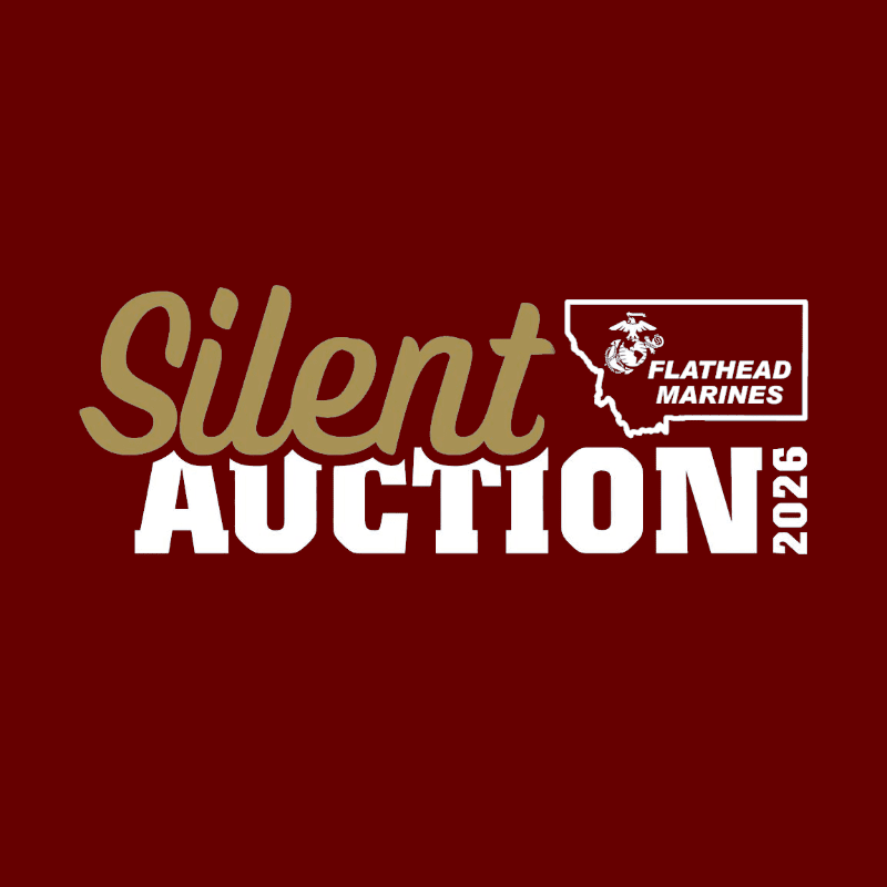 Gold and white text reading "Silent AUCTION 2026" and a Flathead Marines logo are centered against a solid dark red background.