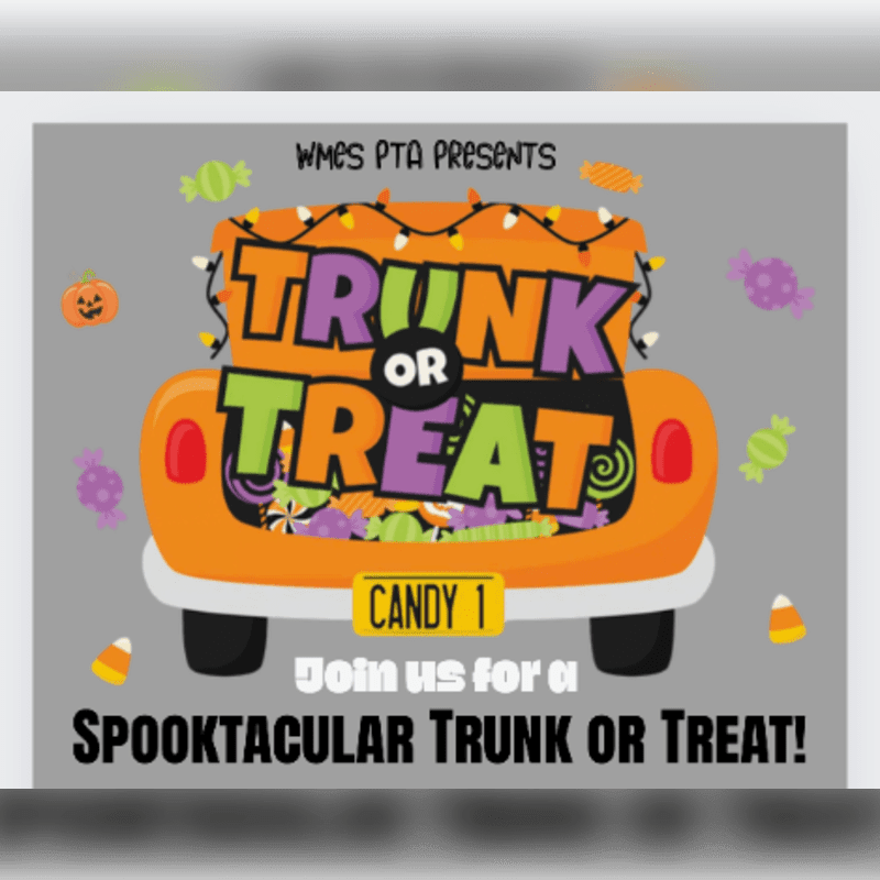 An orange car filled with candy and "Trunk or Treat" text sits in the foreground against a gray background decorated with floating sweets and a pumpkin.