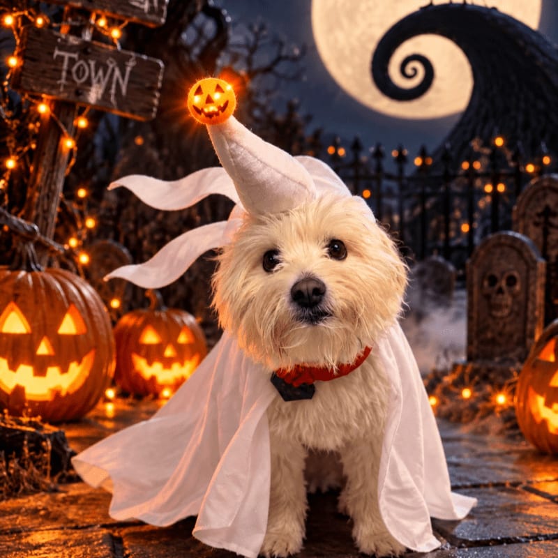 A small white dog wearing a ghost costume and a pointed hat stands among glowing jack-o'-lanterns in a spooky graveyard under a large full moon.