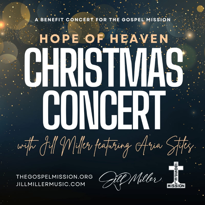 White and gold text announcing a "Hope of Heaven Christmas Concert" sits atop a dark blue background filled with shimmering gold bokeh lights and sparkles.