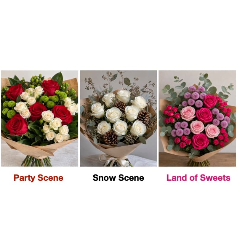 Three different floral bouquets labeled "Party Scene," "Snow Scene," and "Land of Sweets" are displayed side-by-side against a plain white background.