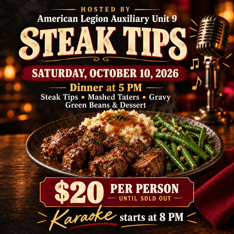 A plate of steak tips, mashed potatoes, and green beans sits in the foreground of a promotional flyer featuring a vintage microphone and warm lighting in the background.