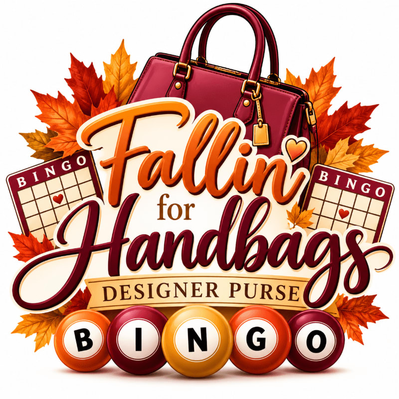 Colorful bingo balls and stylized text are positioned in the foreground against a background of a maroon handbag and autumn leaves.