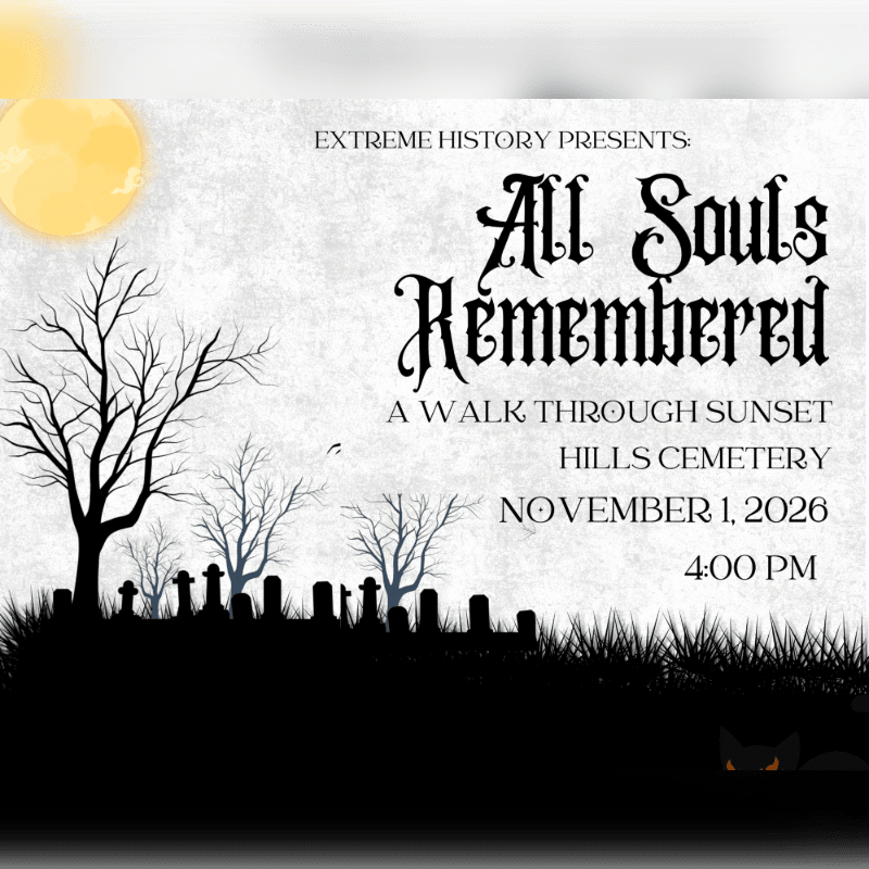 A silhouette of a cemetery with bare trees and a cat's eyes in the foreground sits against a pale background featuring a yellow moon and event text.