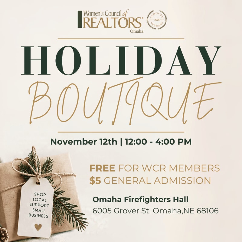 Text announcing a "Holiday Boutique" event is layered over a light background featuring a wrapped gift with a "Shop Local" tag in the foreground.