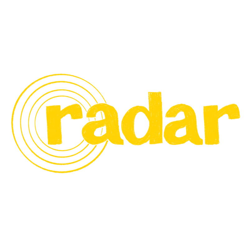 The word "radar" in yellow lowercase letters with concentric circles around the first letter is set against a plain white background.