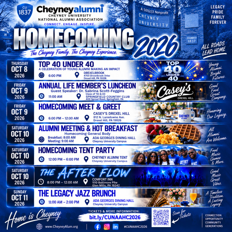 A detailed event schedule for Cheyney University's 2026 Homecoming is displayed in the foreground against a background featuring the university's logo, a campus building, and a blue-themed design.