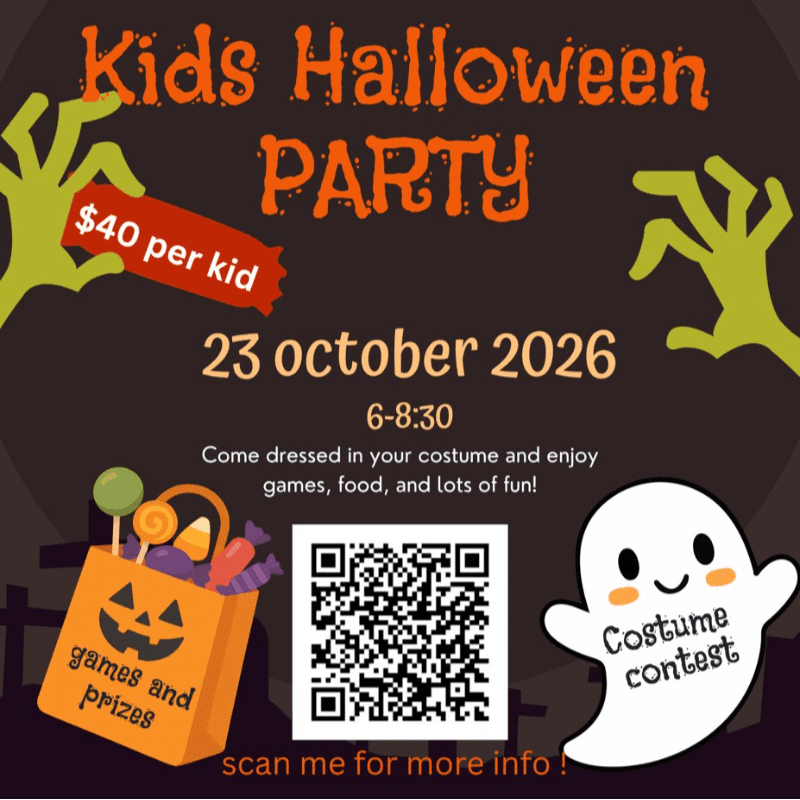 A Halloween party flyer features a ghost, a treat bag, and a QR code in the foreground against a dark background with orange text and green monster hands.