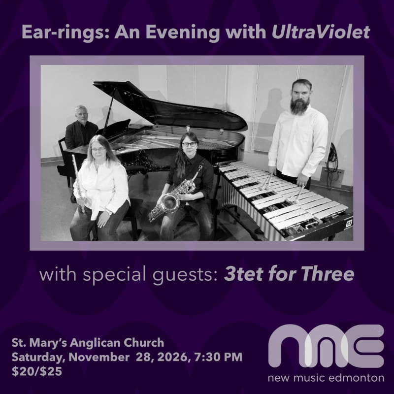 Four musicians pose with a piano, saxophone, and vibraphone in a black and white photo set against a purple promotional background.