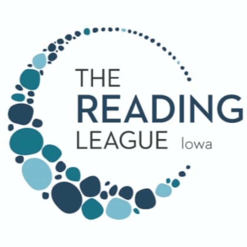A logo with the words "THE READING LEAGUE iowa" is encircled by a crescent of blue and teal dots against a white background.