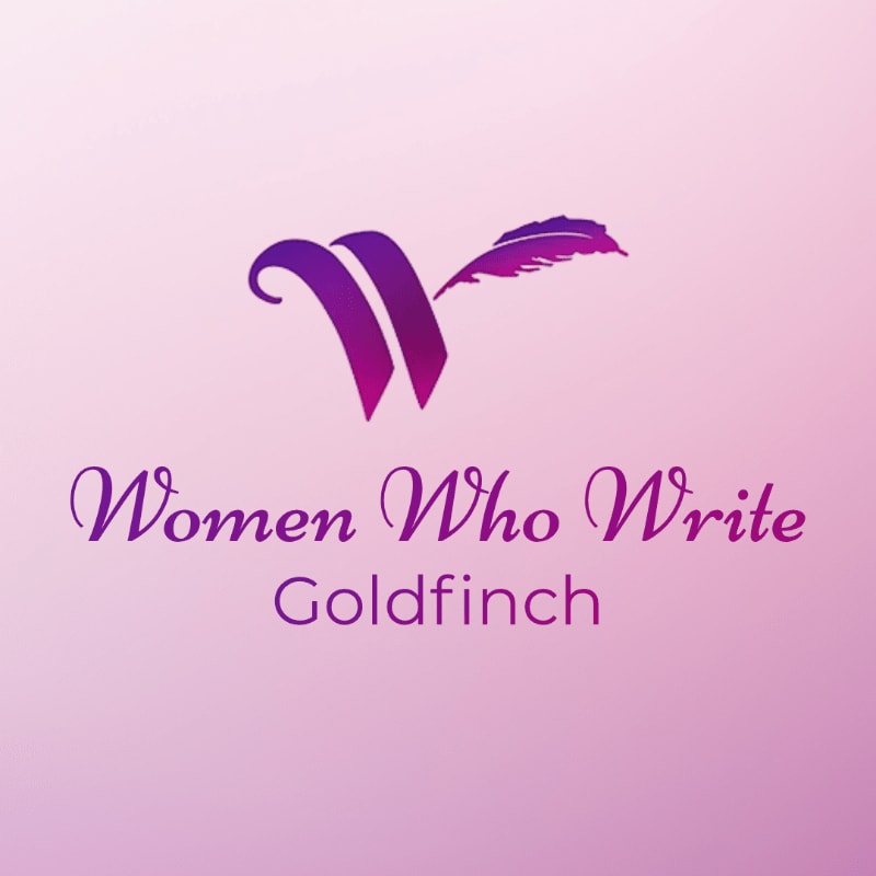 A purple logo featuring a stylized "W" and a feather above the text "Women Who Write Goldfinch" set against a soft pink gradient background.