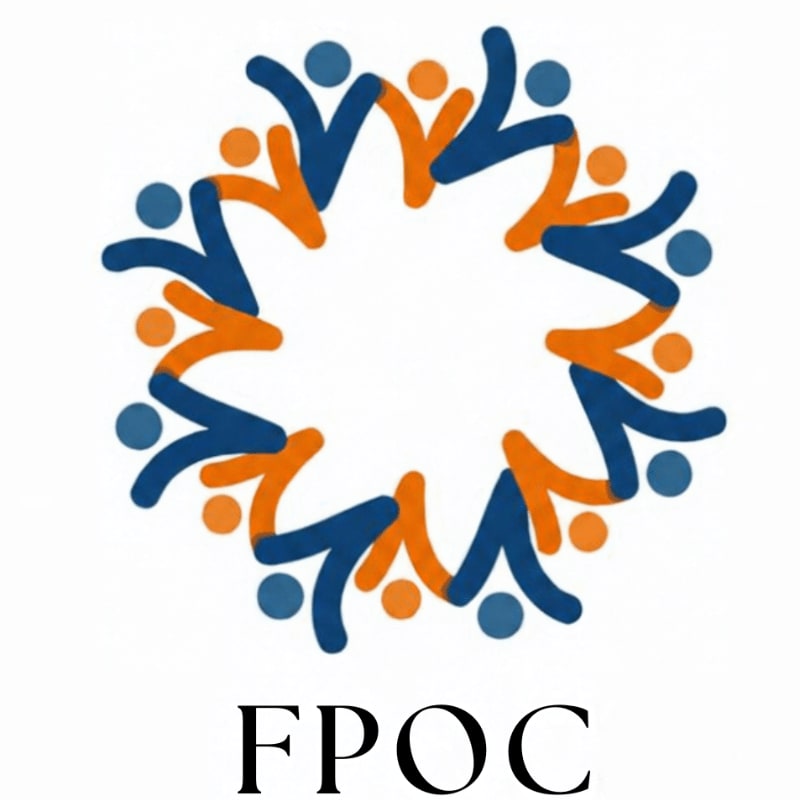 A circular arrangement of blue and orange stylized human figures surrounds the text "FPOC" against a plain white background.