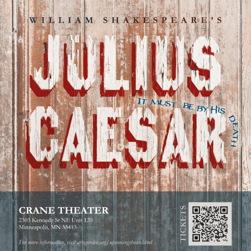 Bold red and white text for "Julius Caesar" is layered over a weathered wooden plank background with theater information at the bottom.