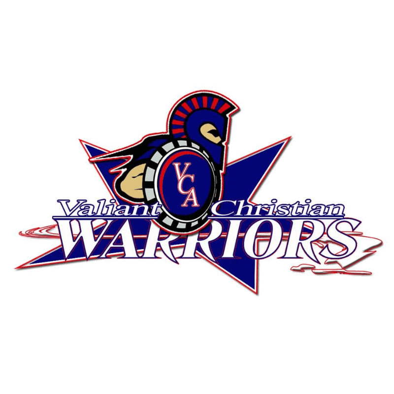 A logo featuring a Spartan warrior and the text "Valiant Christian WARRIORS" set against a blue star on a plain white background.