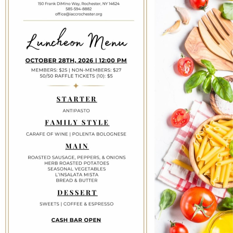 A luncheon menu is positioned in the foreground against a background of fresh pasta, tomatoes, basil, and kitchen utensils on a white surface.