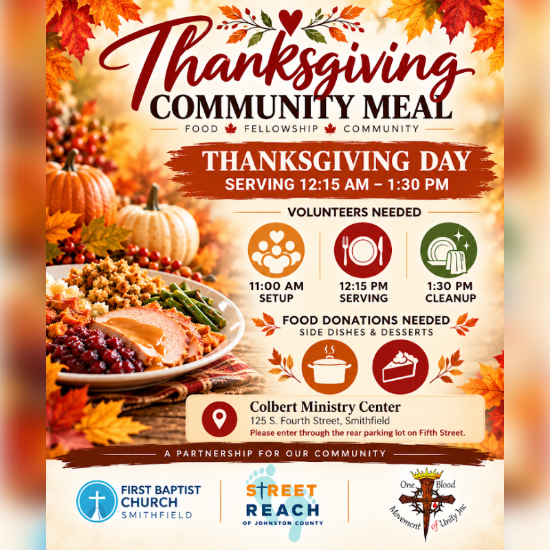 A Thanksgiving community meal flyer features a festive plate of turkey and sides in the foreground against a background of autumn leaves, pumpkins, and event details.