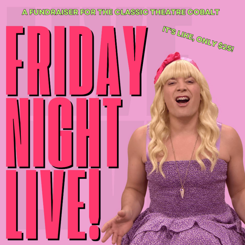 A person in a blonde wig and purple dress stands in the foreground against a pink background with bold text announcing "FRIDAY NIGHT LIVE!".