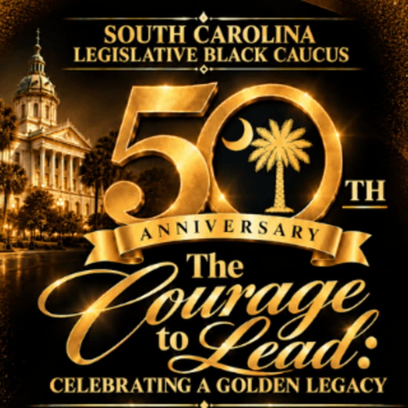 A golden "50th Anniversary" emblem and the text "The Courage to Lead" sit in the foreground against a dark background featuring the South Carolina State House.