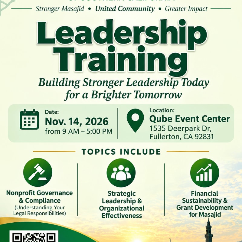 A promotional flyer for "Leadership Training" features bold green text and event details in the foreground against a clean white background with a soft landscape at the bottom.