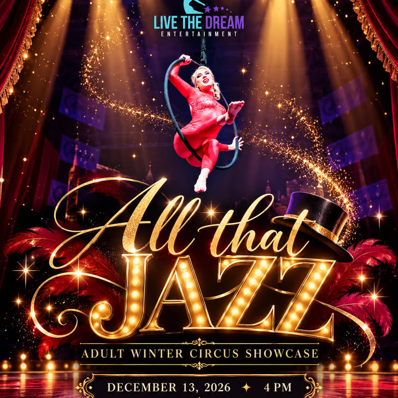 An aerialist in a red bodysuit performs in a hoop above glowing "All that Jazz" signage, set against a dramatic theater backdrop with red curtains and spotlights.