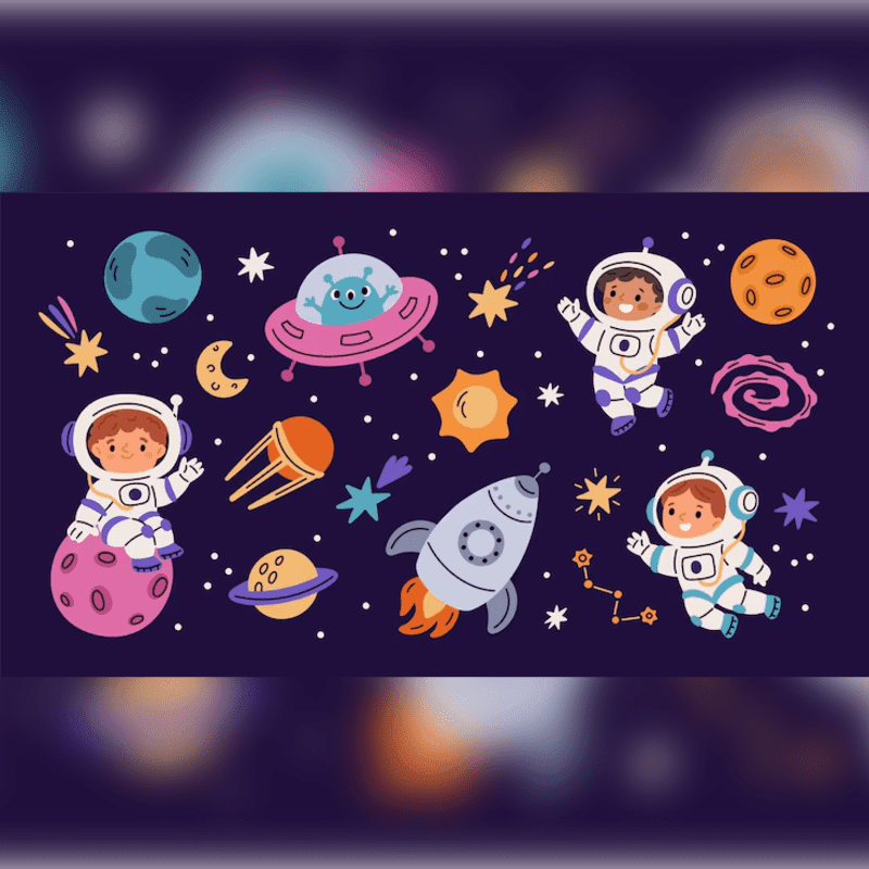 Three cute astronauts, a rocket, and a UFO float among colorful planets and stars against a dark purple space background.
