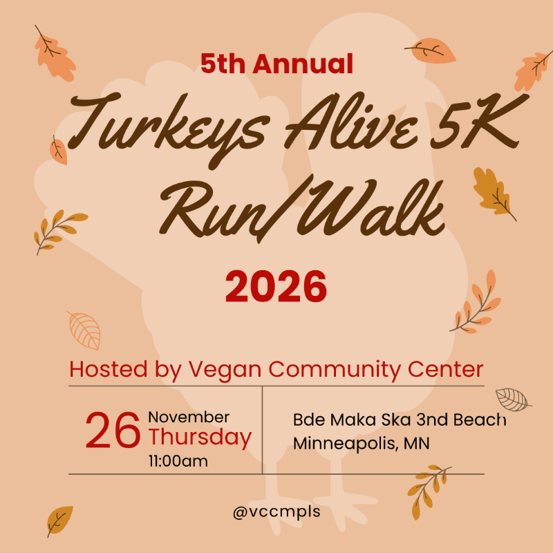 Brown text announcing the "5th Annual Turkeys Alive 5K Run/Walk 2026" sits in the foreground over a light orange background featuring a turkey silhouette and scattered autumn leaves.