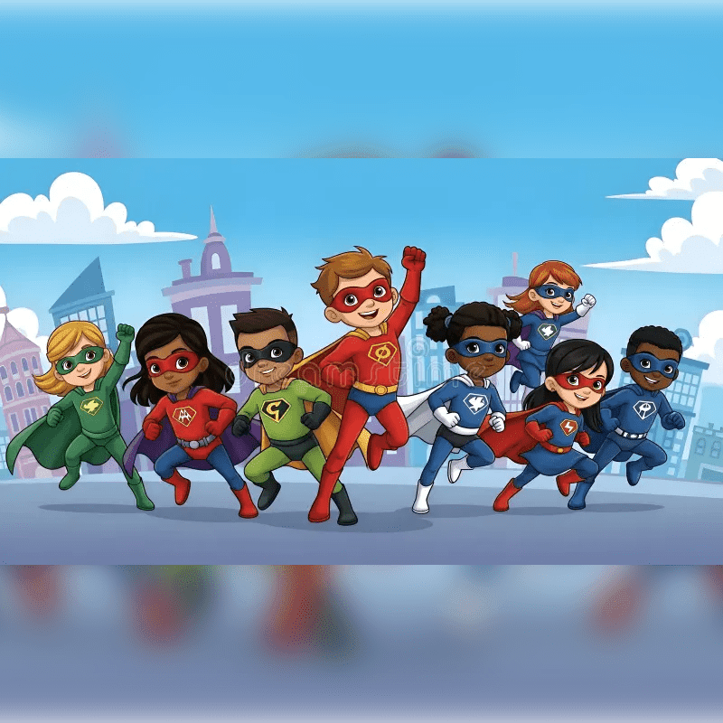 A group of diverse children dressed as superheroes run forward against a backdrop of a city skyline and a blue sky.