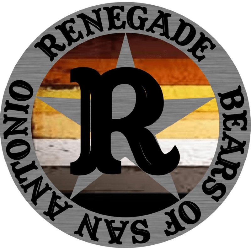 A large black letter "R" sits atop a star and wooden plank background, all enclosed within a circular border reading "RENEGADE BEARS OF SAN ANTONIO."