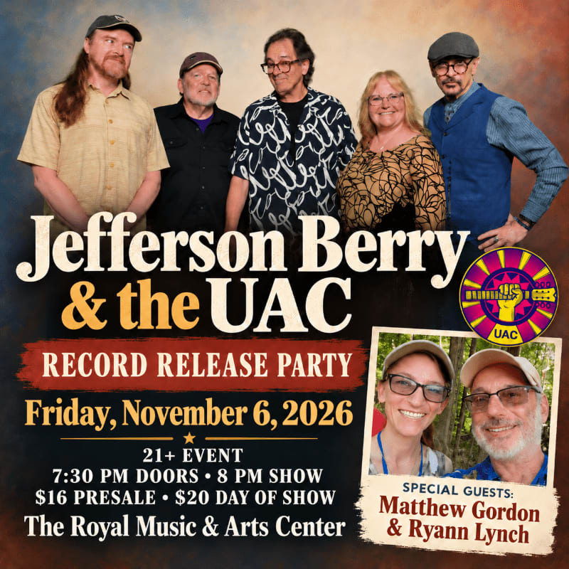 Five band members stand in the foreground against a soft, multicolored gradient background, with event details and a smaller photo of two guests positioned below them.