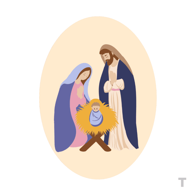 Mary and Joseph stand prayerfully beside the baby Jesus in a manger against a plain, light-yellow oval background.