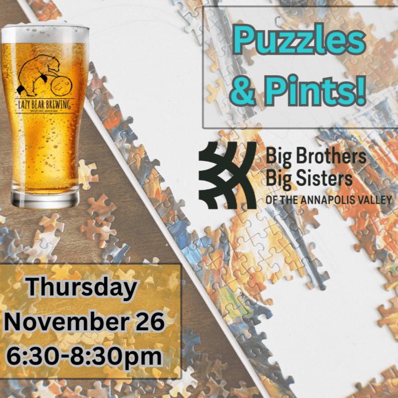 A glass of beer and event details sit in the foreground over a background of a partially completed jigsaw puzzle.