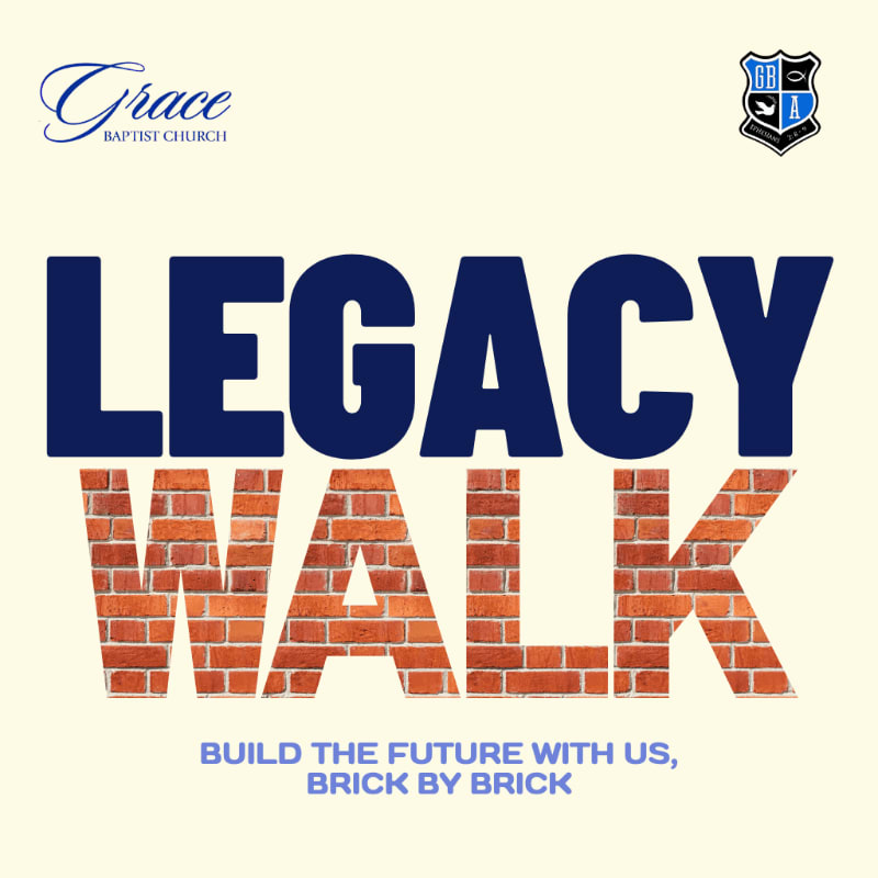 Bold blue and brick-textured text reading "LEGACY WALK" sits centered against a plain cream background with church logos in the upper corners.