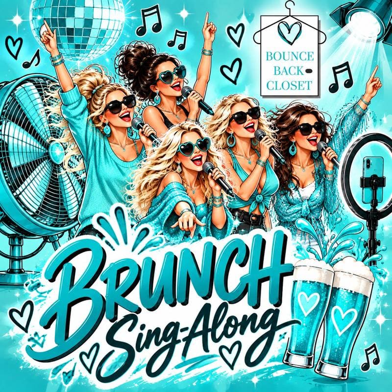 Five women in blue outfits sing into microphones in the foreground, set against a vibrant blue background featuring a disco ball, a fan, and a "Bounce Back Closet" sign.